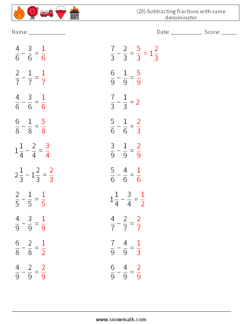 (20) Subtracting fractions with same denominator Math Worksheets 2 Question, Answer