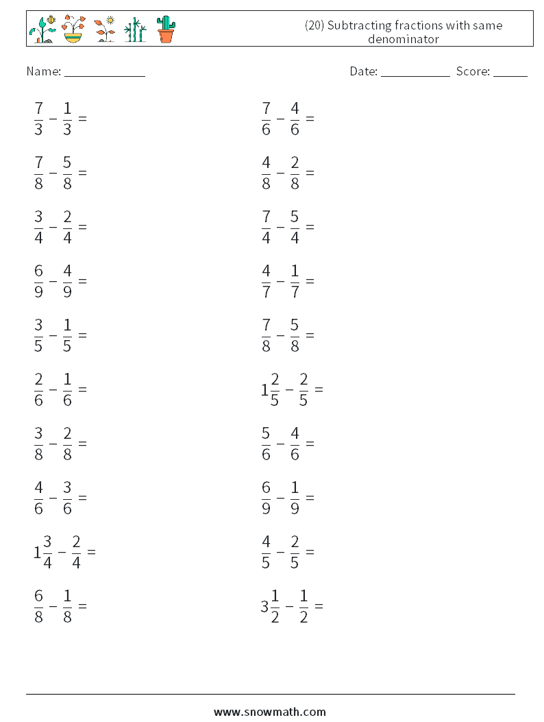 (20) Subtracting fractions with same denominator Math Worksheets 3