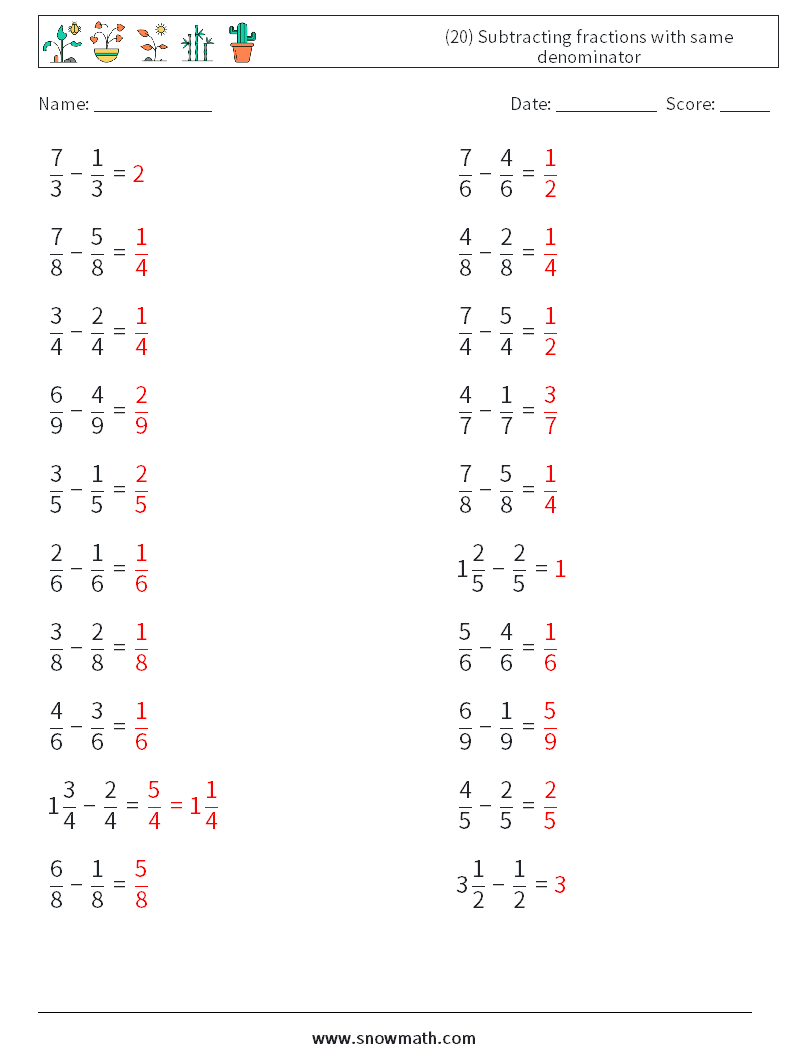 (20) Subtracting fractions with same denominator Math Worksheets 3 Question, Answer