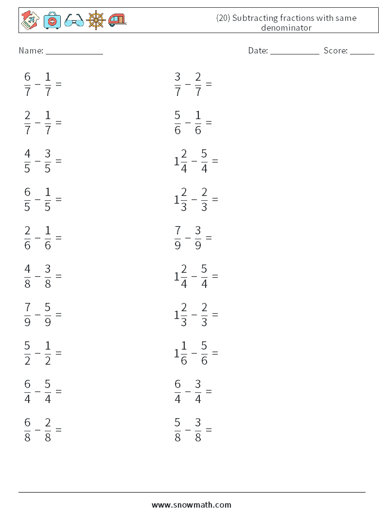 (20) Subtracting fractions with same denominator Maths Worksheets 4