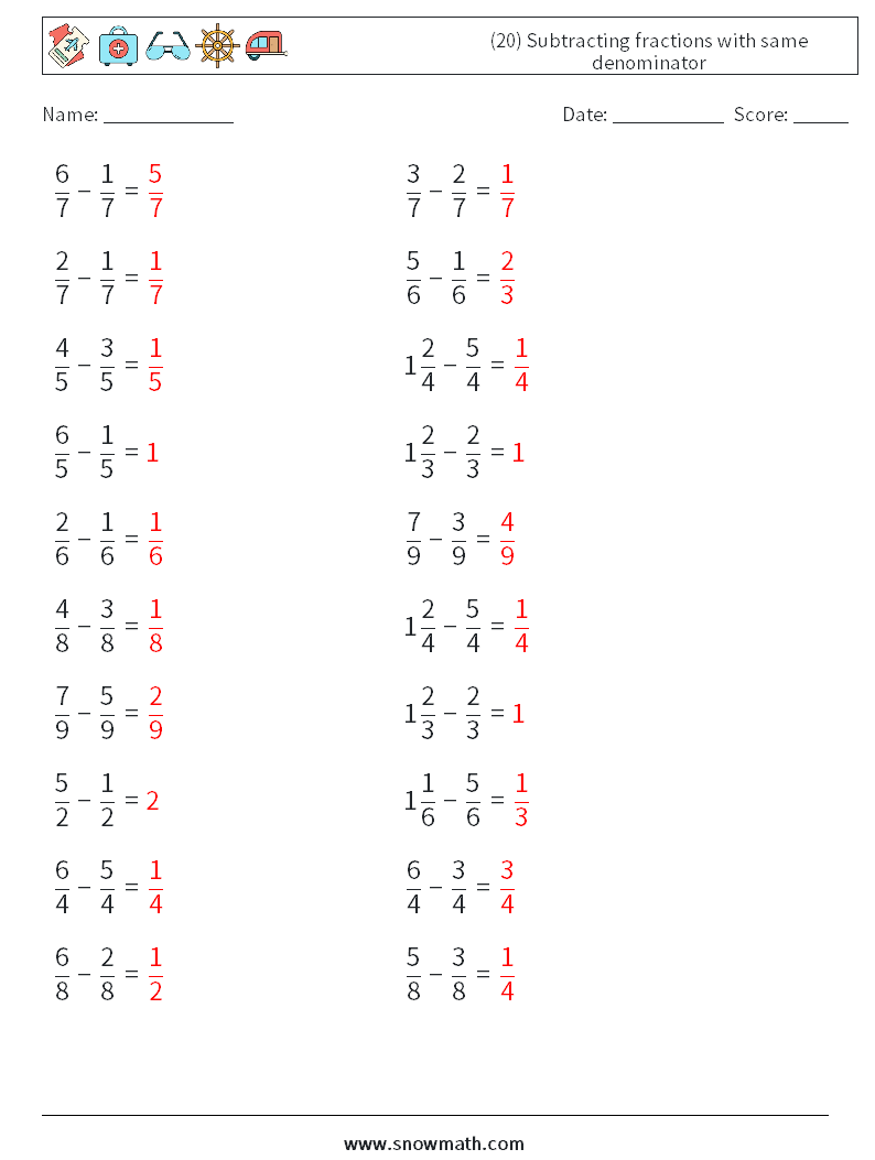 (20) Subtracting fractions with same denominator Math Worksheets 4 Question, Answer