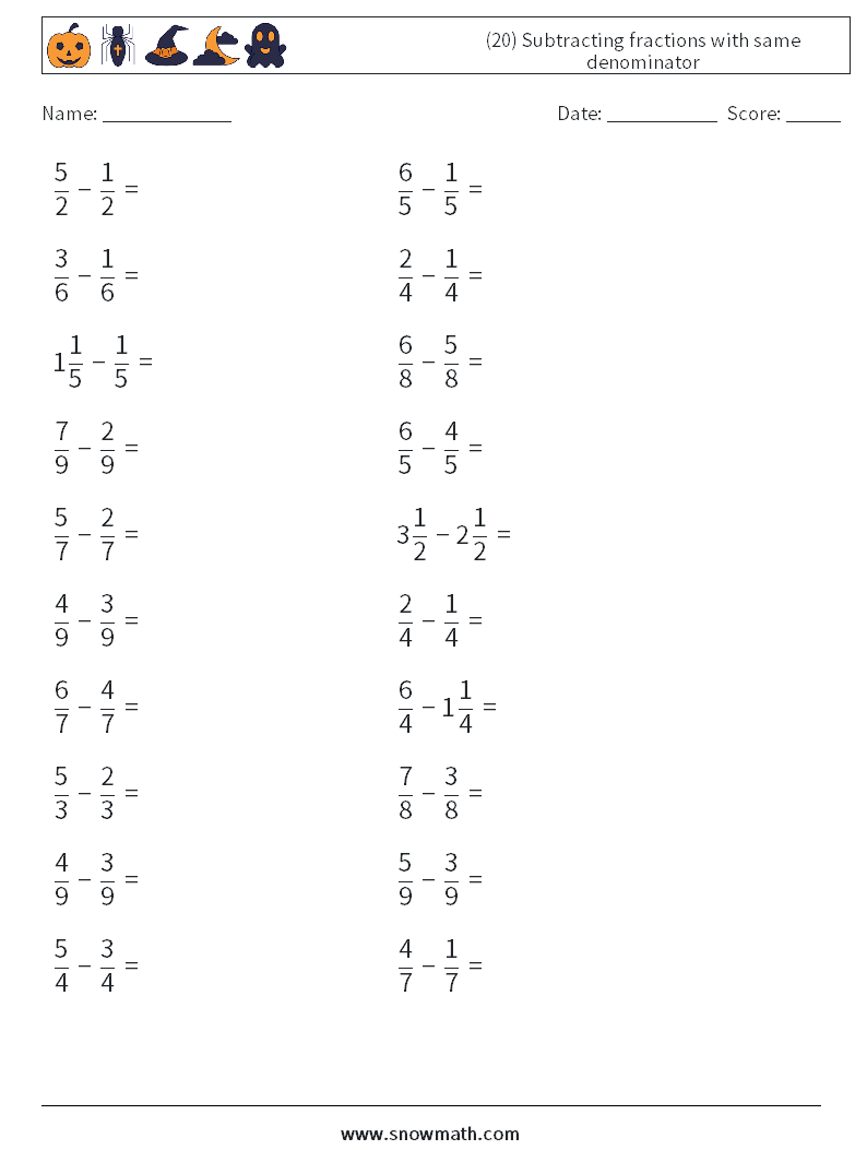 (20) Subtracting fractions with same denominator Math Worksheets 5