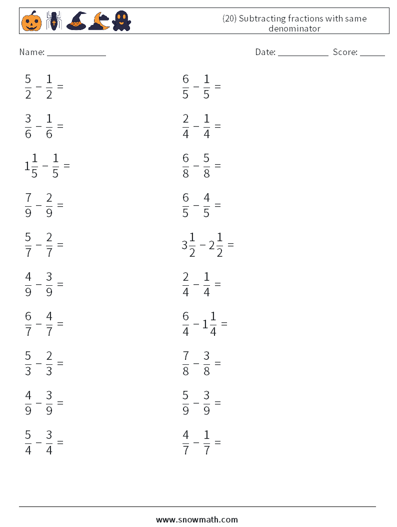 (20) Subtracting fractions with same denominator Maths Worksheets 5