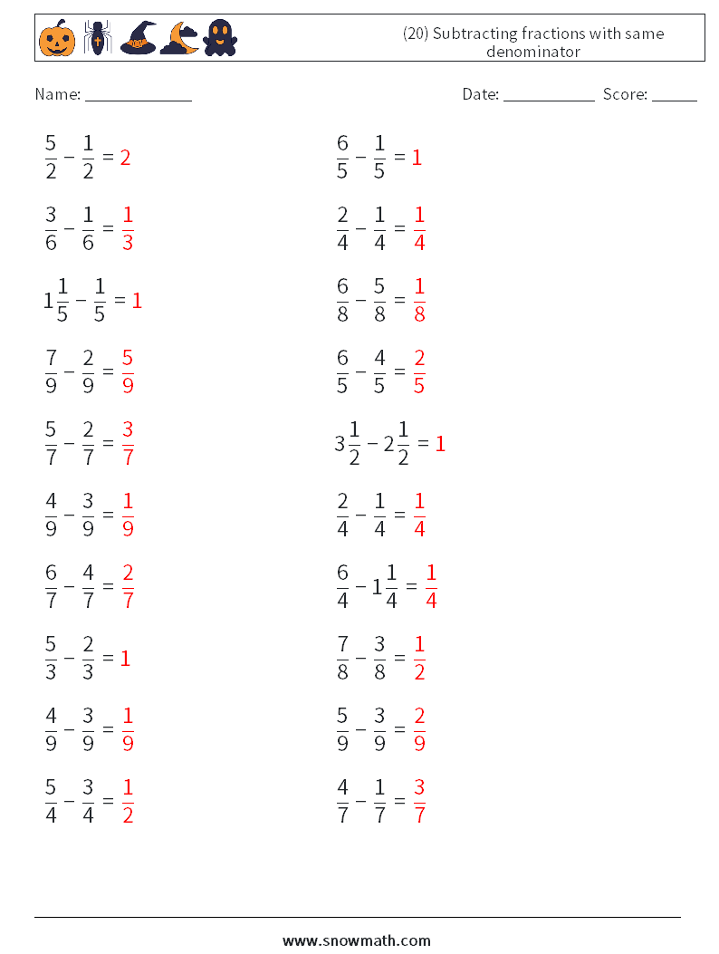 (20) Subtracting fractions with same denominator Math Worksheets 5 Question, Answer