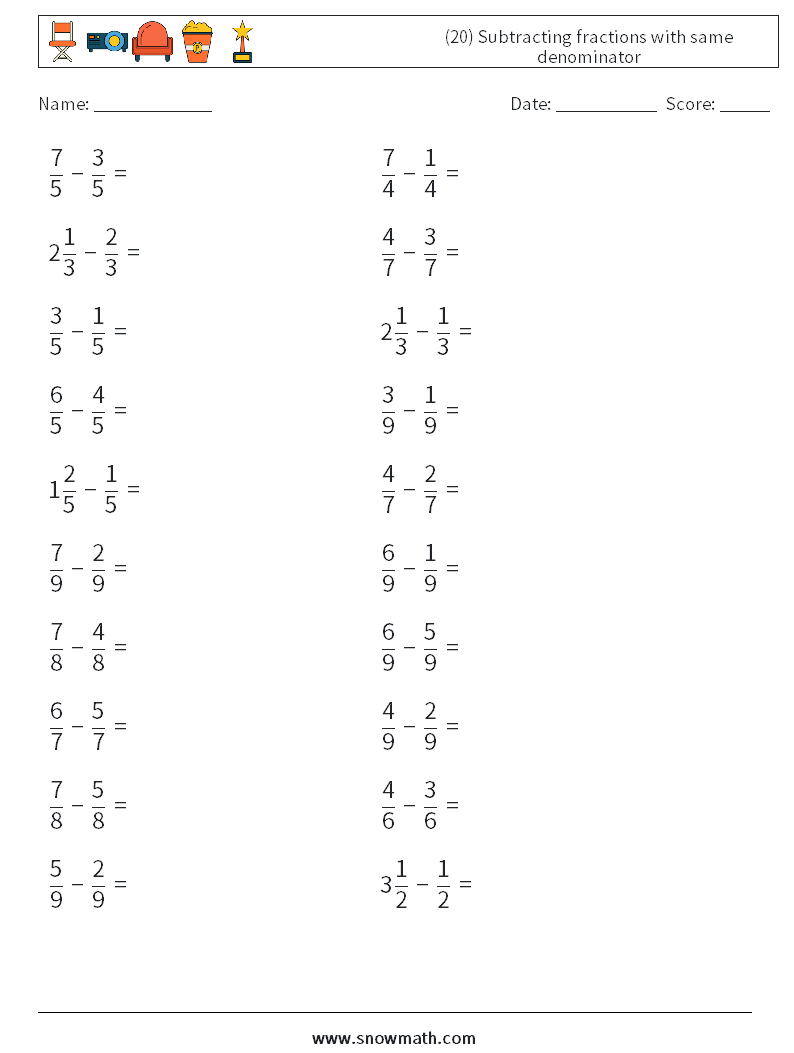(20) Subtracting fractions with same denominator Math Worksheets 6