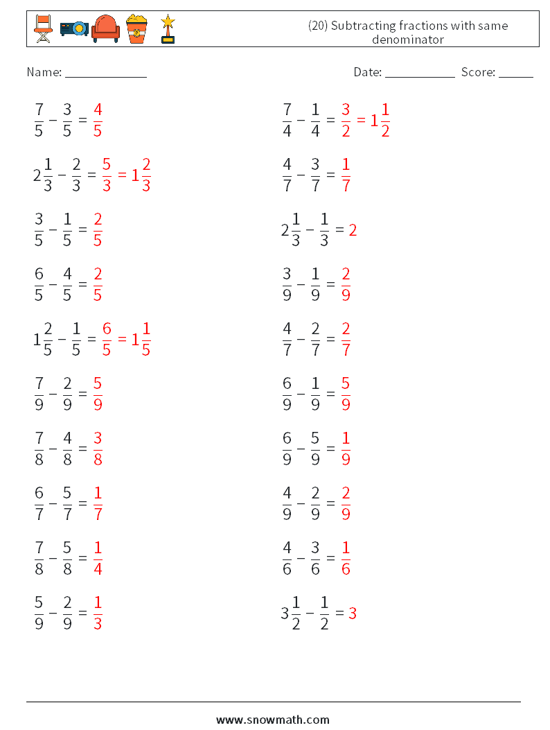 (20) Subtracting fractions with same denominator Math Worksheets 6 Question, Answer