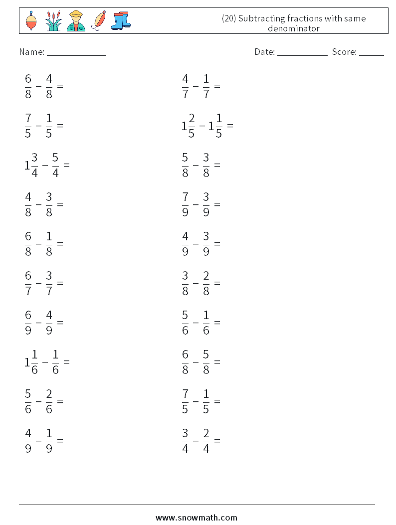 (20) Subtracting fractions with same denominator Math Worksheets 7