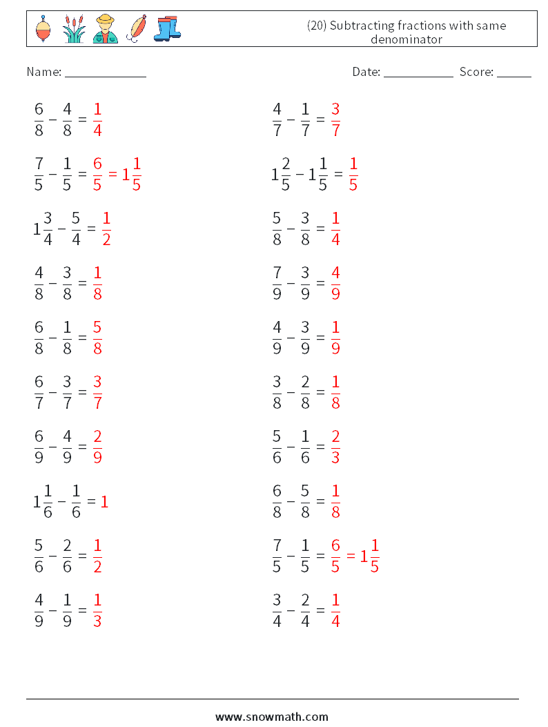 (20) Subtracting fractions with same denominator Math Worksheets 7 Question, Answer