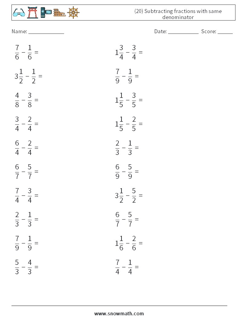 (20) Subtracting fractions with same denominator Math Worksheets 8