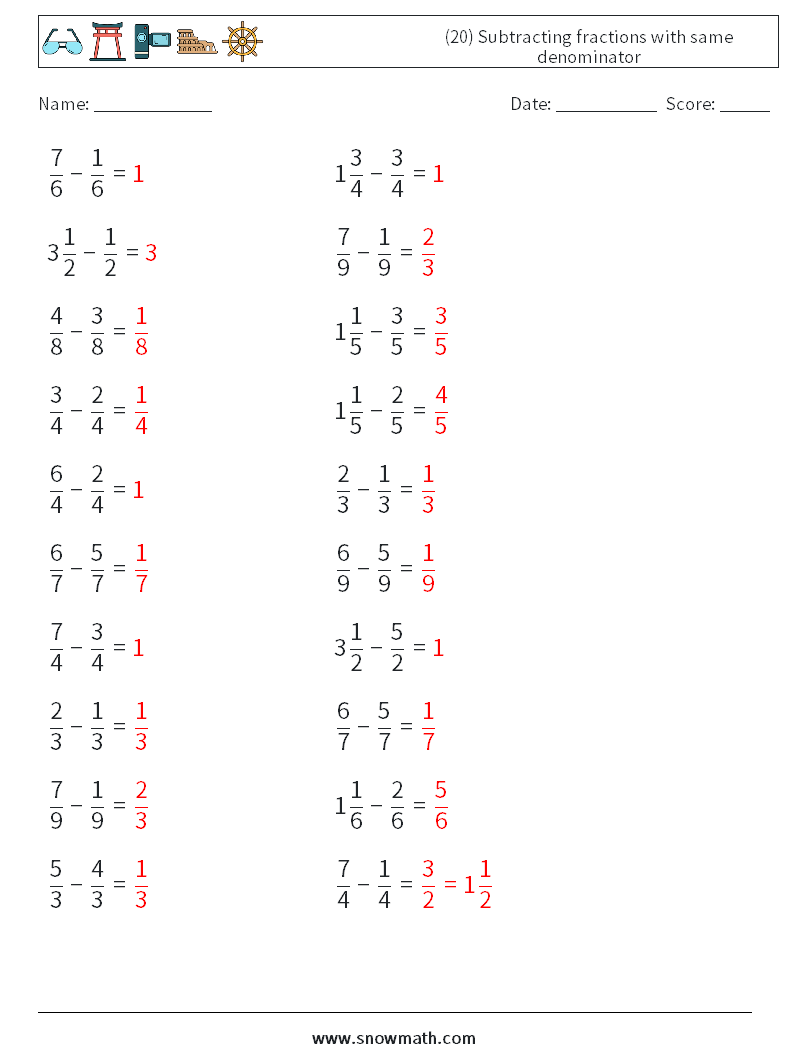 (20) Subtracting fractions with same denominator Math Worksheets 8 Question, Answer