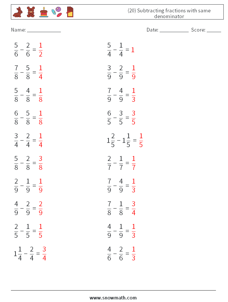 (20) Subtracting fractions with same denominator Math Worksheets 9 Question, Answer