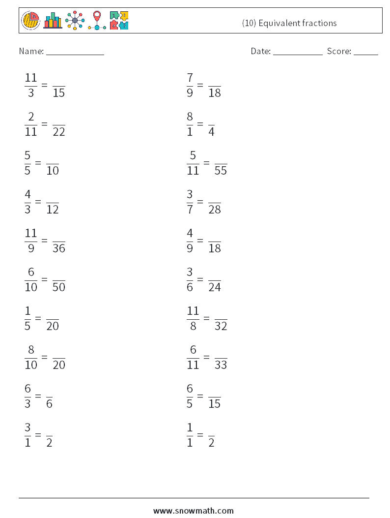 (10) Equivalent fractions Maths Worksheets 4