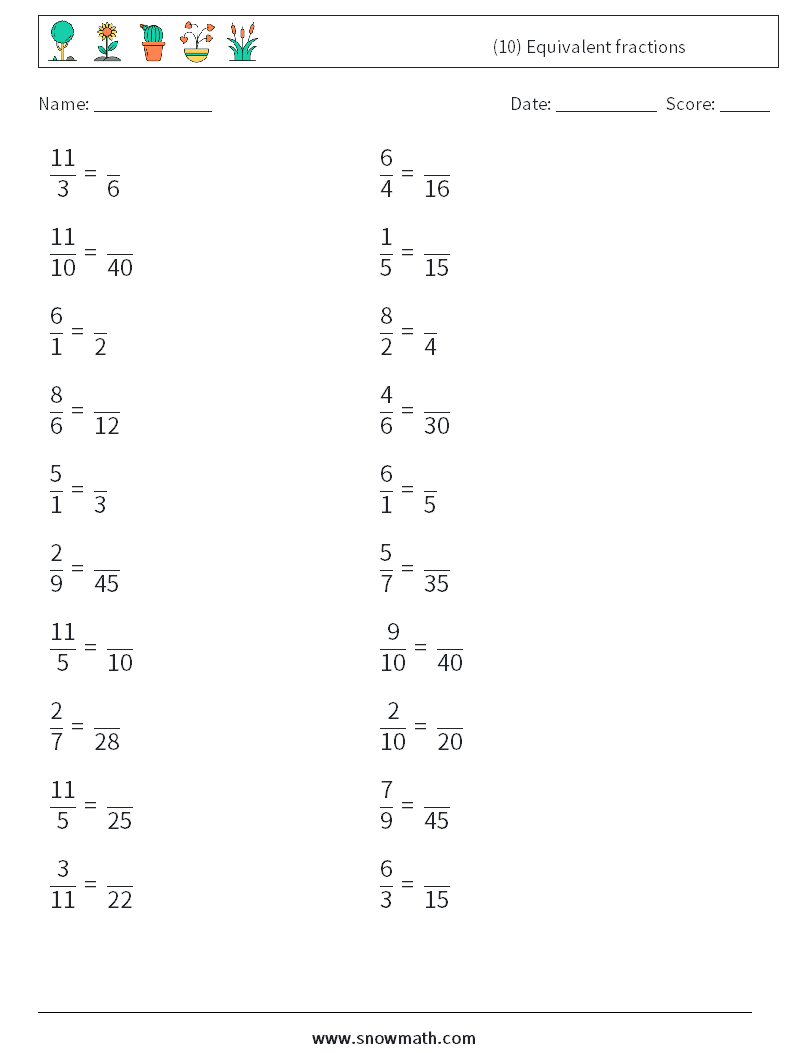 (10) Equivalent fractions Maths Worksheets 5