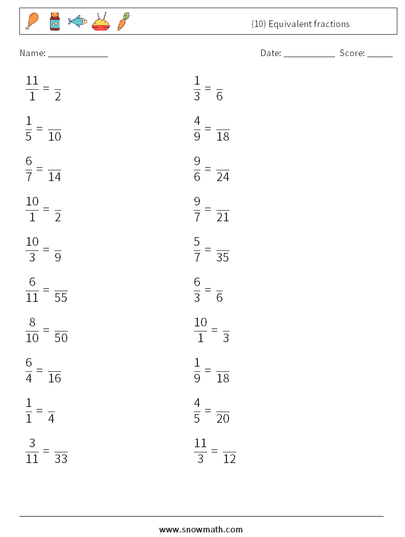 (10) Equivalent fractions Math Worksheets 6