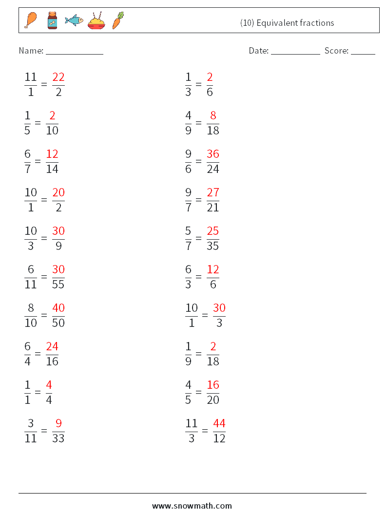 (10) Equivalent fractions Math Worksheets 6 Question, Answer