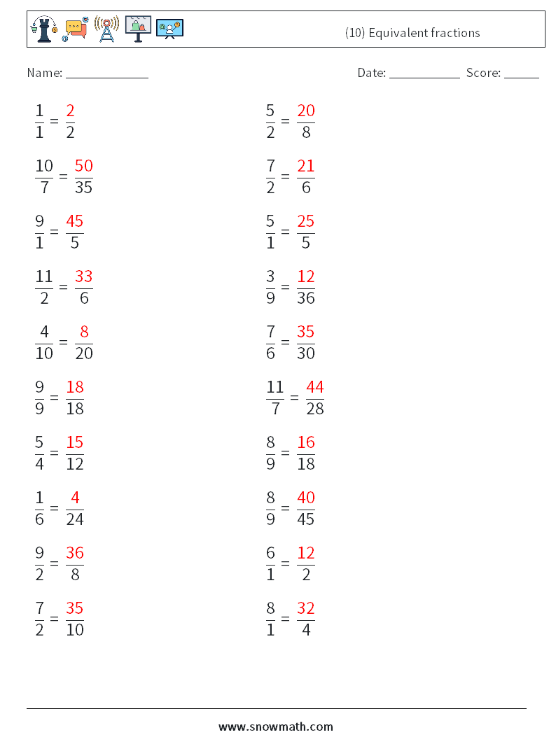 (10) Equivalent fractions Math Worksheets 8 Question, Answer