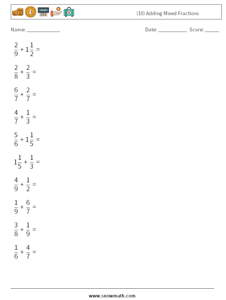 (10) Adding Mixed Fractions Maths Worksheets 1