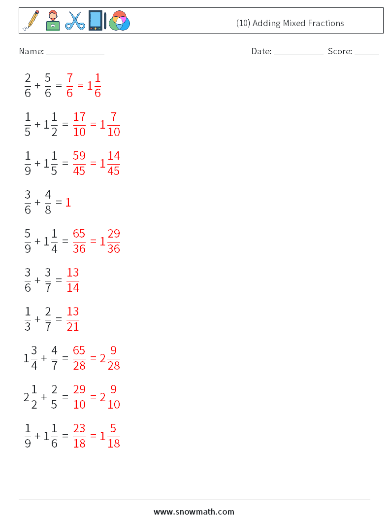 (10) Adding Mixed Fractions Math Worksheets 10 Question, Answer