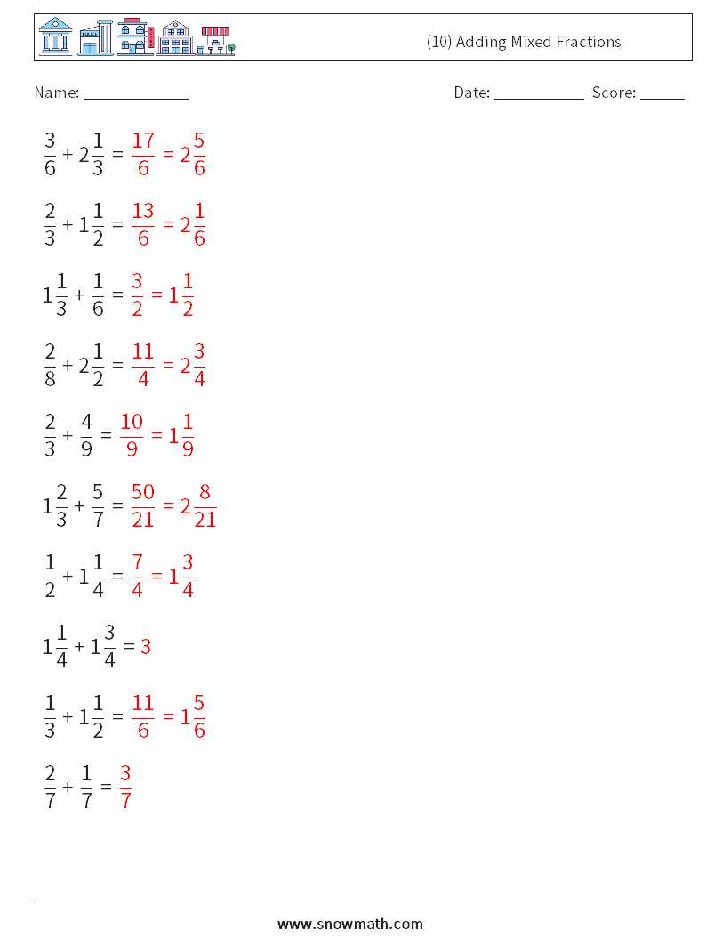 (10) Adding Mixed Fractions Math Worksheets 11 Question, Answer