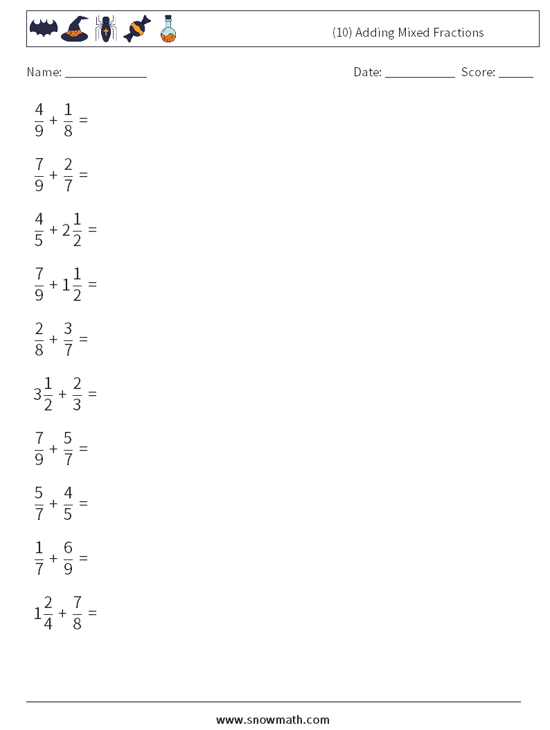 (10) Adding Mixed Fractions Math Worksheets 12