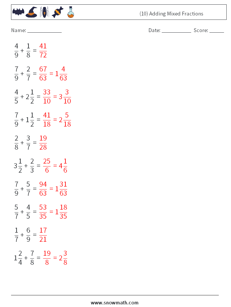 (10) Adding Mixed Fractions Math Worksheets 12 Question, Answer