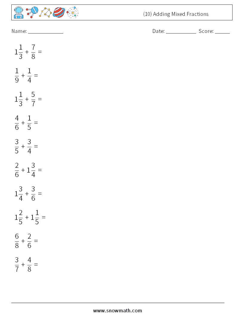 (10) Adding Mixed Fractions Math Worksheets 13