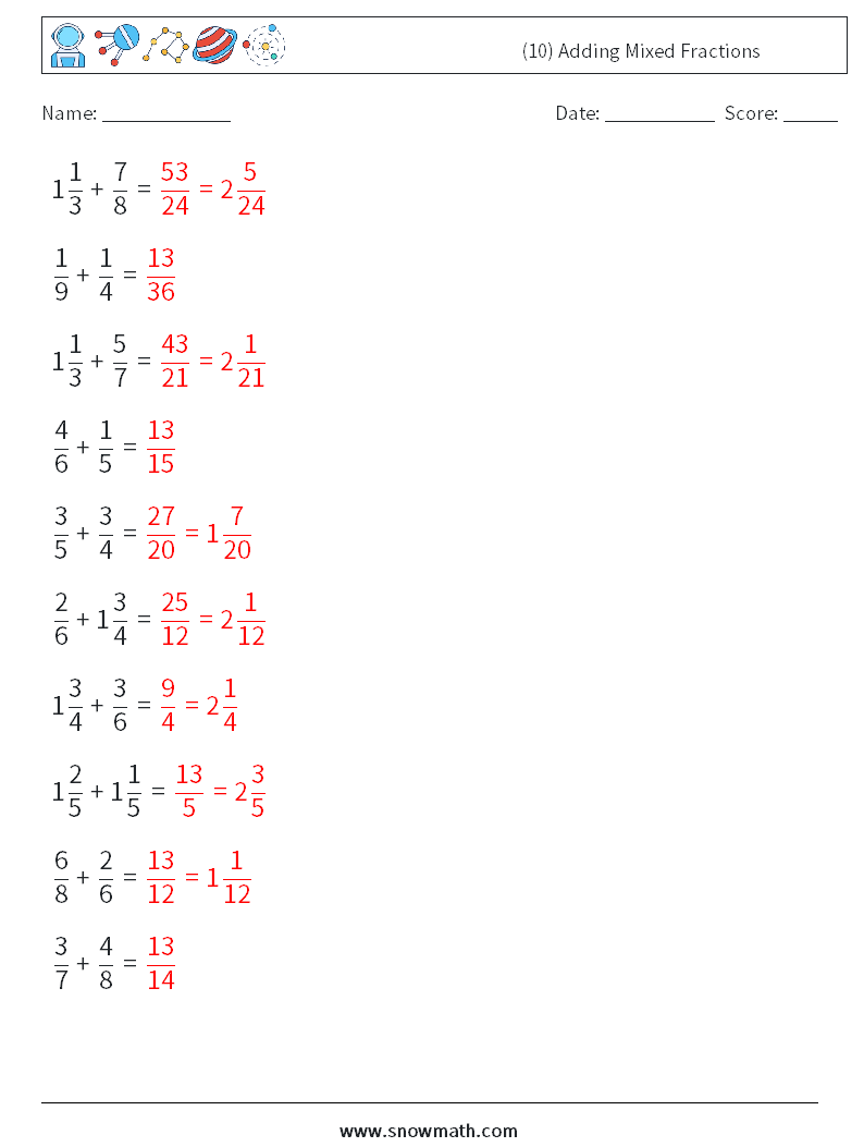 (10) Adding Mixed Fractions Math Worksheets 13 Question, Answer