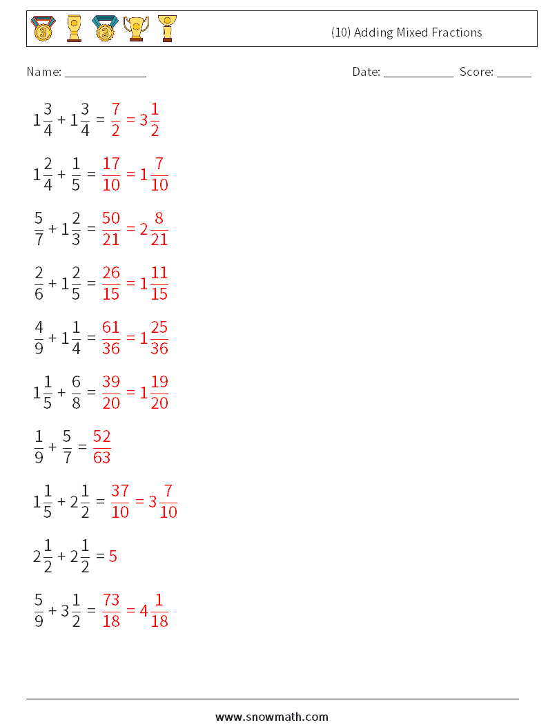 (10) Adding Mixed Fractions Math Worksheets 14 Question, Answer