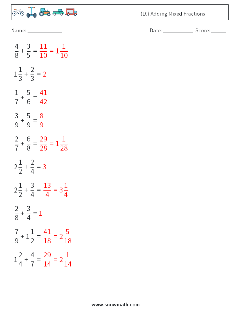 (10) Adding Mixed Fractions Math Worksheets 15 Question, Answer