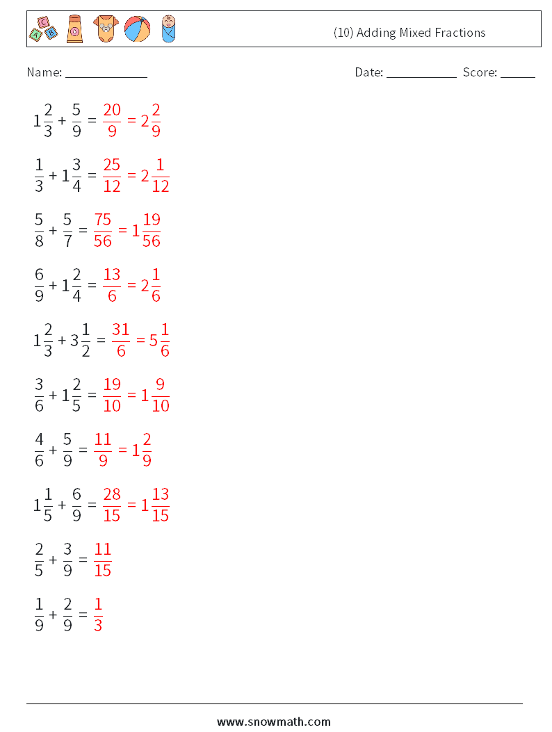 (10) Adding Mixed Fractions Math Worksheets 16 Question, Answer