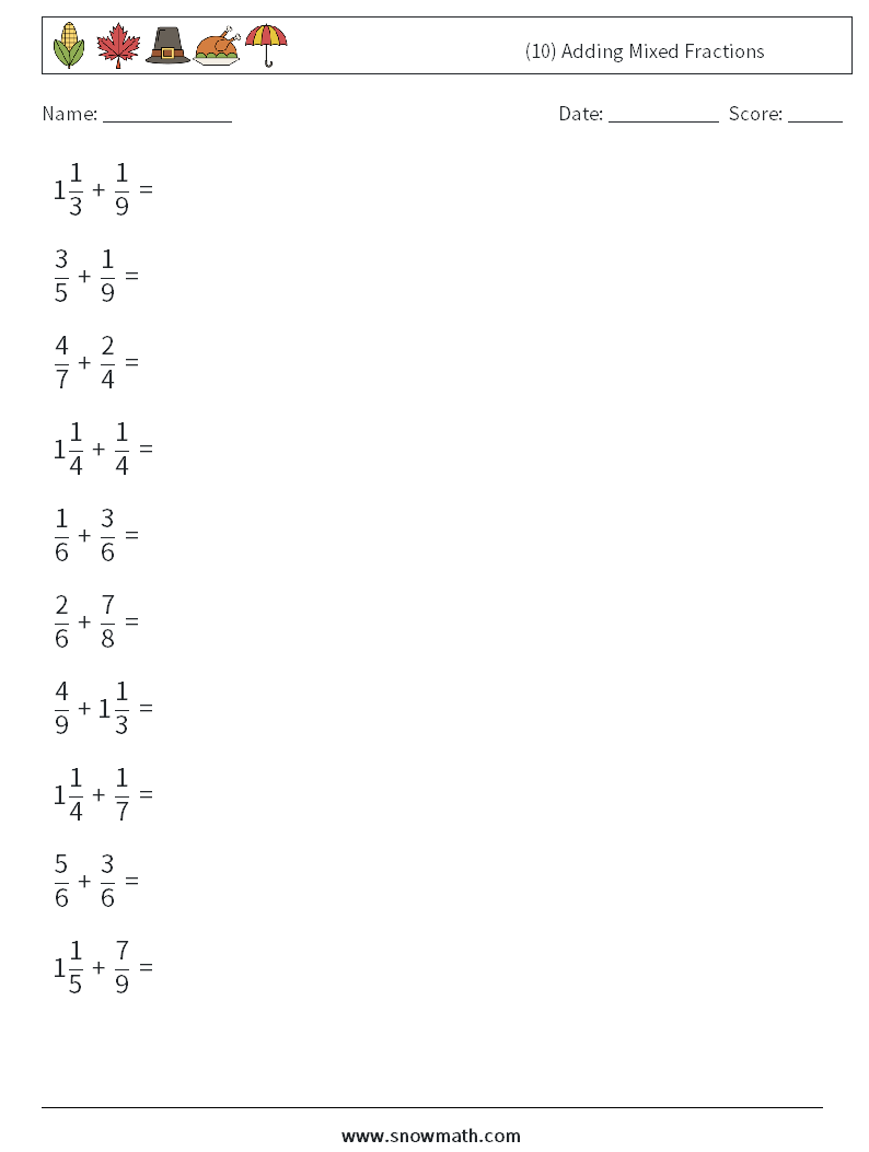 (10) Adding Mixed Fractions Math Worksheets 17