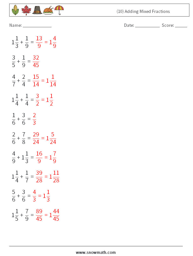 (10) Adding Mixed Fractions Math Worksheets 17 Question, Answer