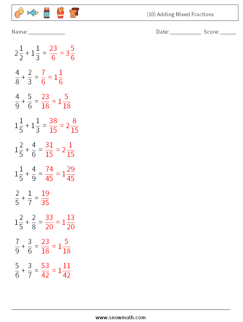 (10) Adding Mixed Fractions Math Worksheets 18 Question, Answer