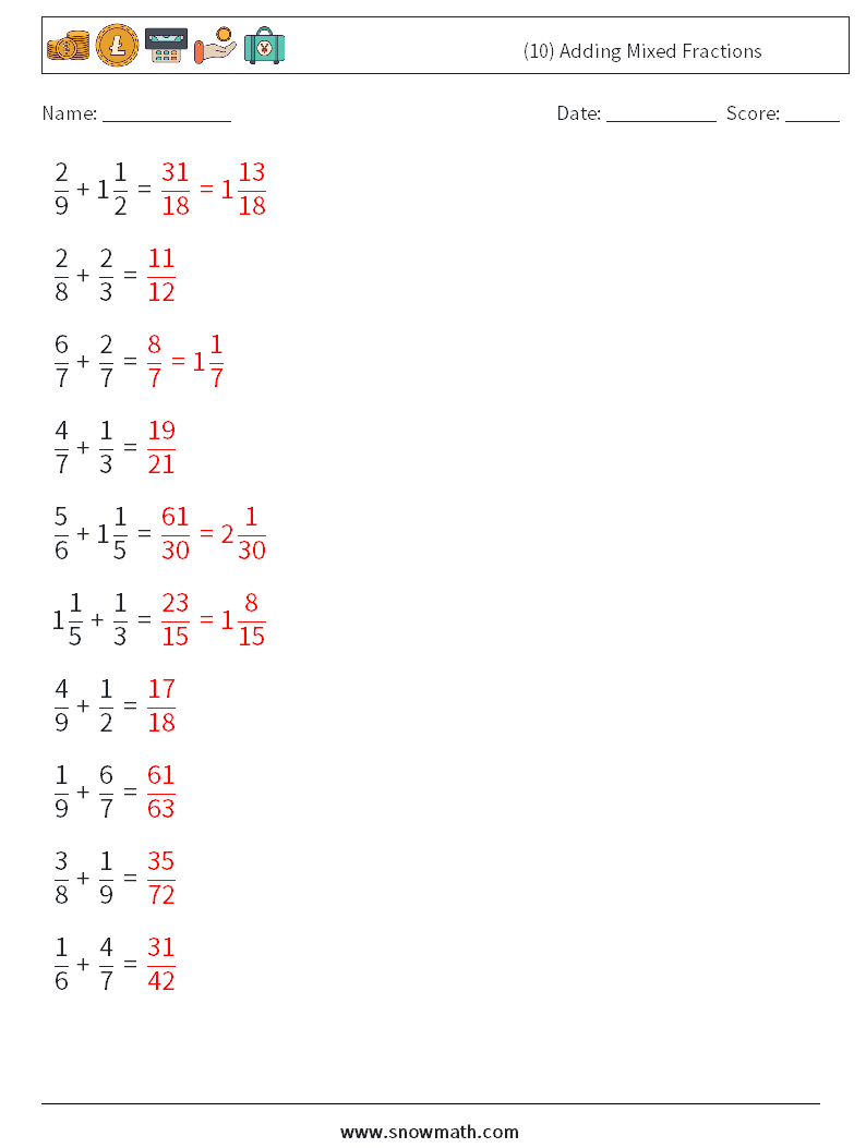 (10) Adding Mixed Fractions Math Worksheets 1 Question, Answer