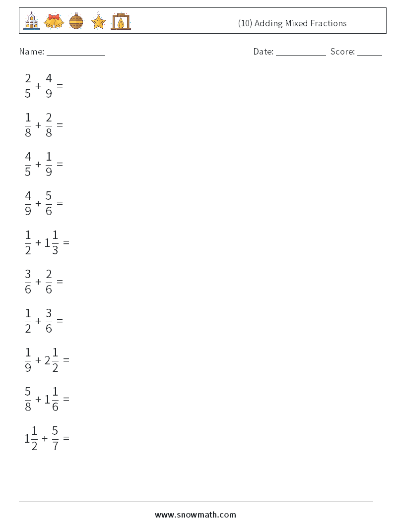 (10) Adding Mixed Fractions Math Worksheets 2