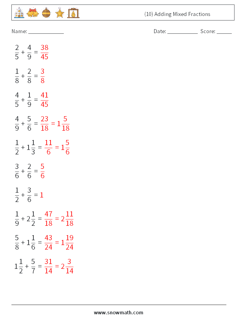 (10) Adding Mixed Fractions Math Worksheets 2 Question, Answer