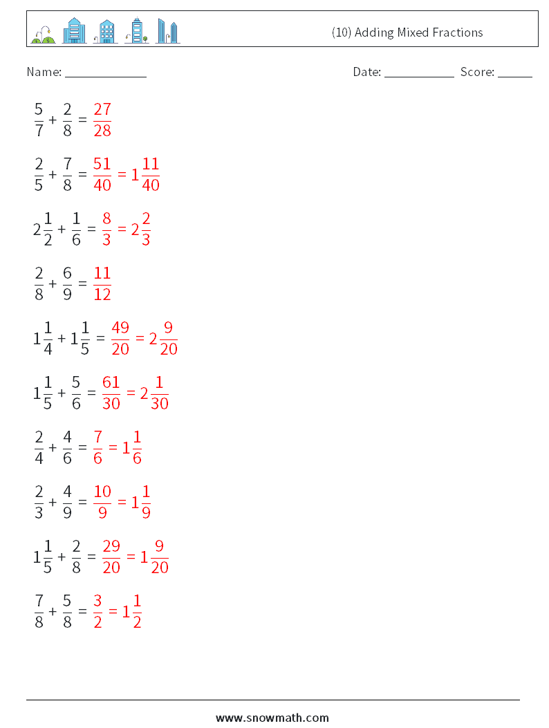 (10) Adding Mixed Fractions Math Worksheets 3 Question, Answer