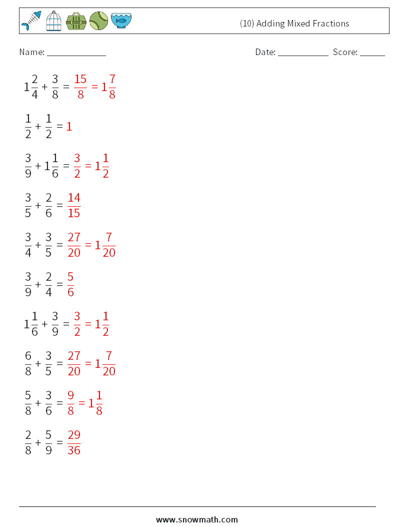 (10) Adding Mixed Fractions Math Worksheets 4 Question, Answer