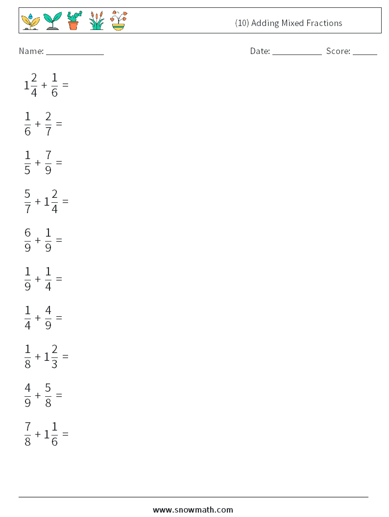 (10) Adding Mixed Fractions Maths Worksheets 5