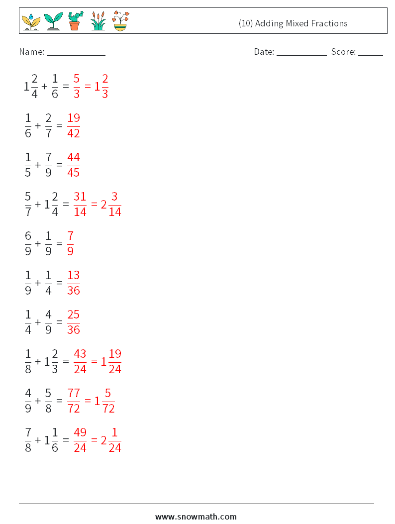 (10) Adding Mixed Fractions Math Worksheets 5 Question, Answer