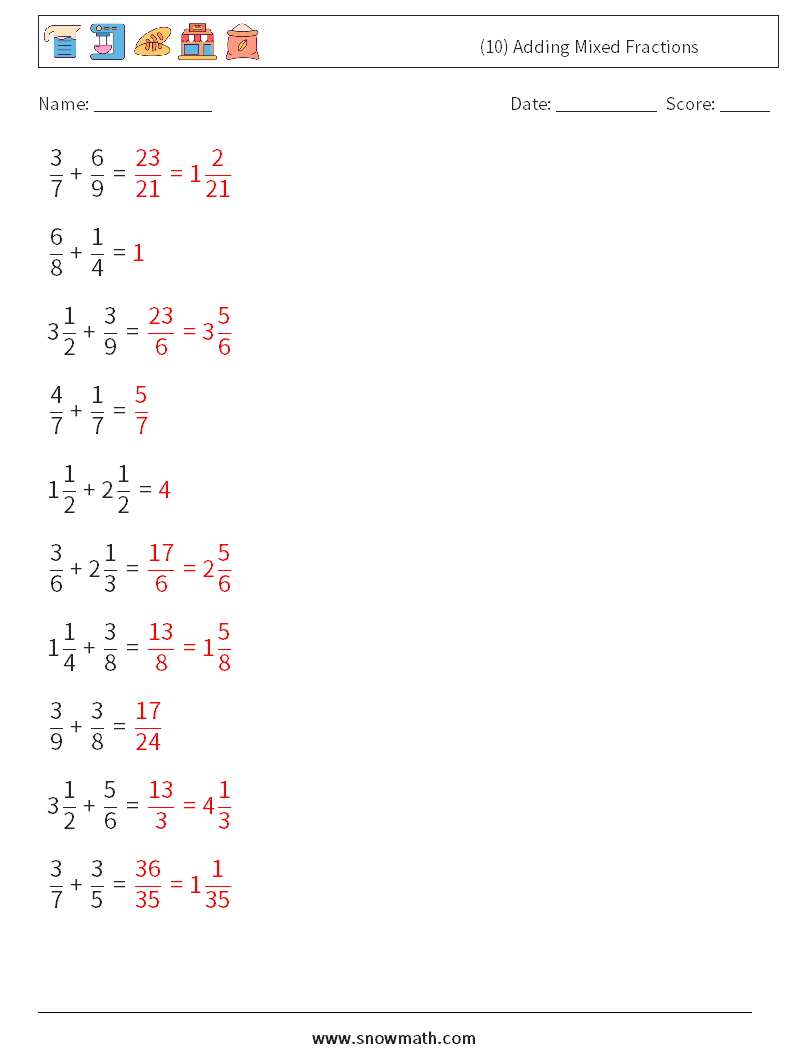 (10) Adding Mixed Fractions Math Worksheets 6 Question, Answer