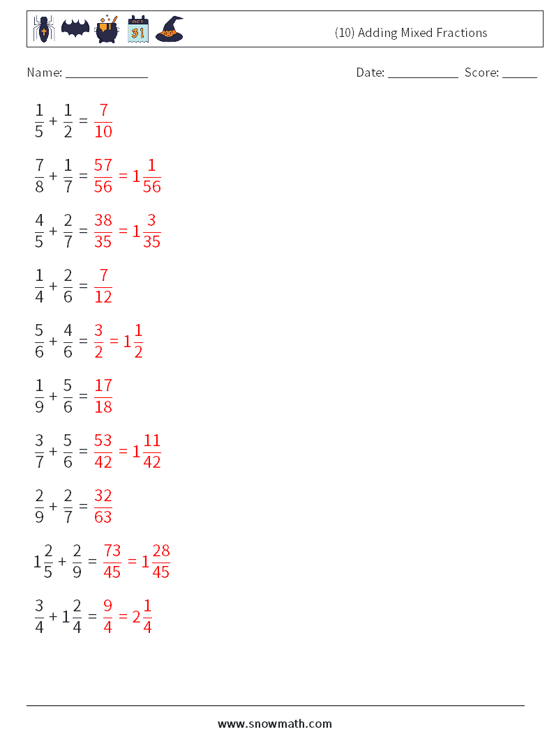 (10) Adding Mixed Fractions Math Worksheets 7 Question, Answer