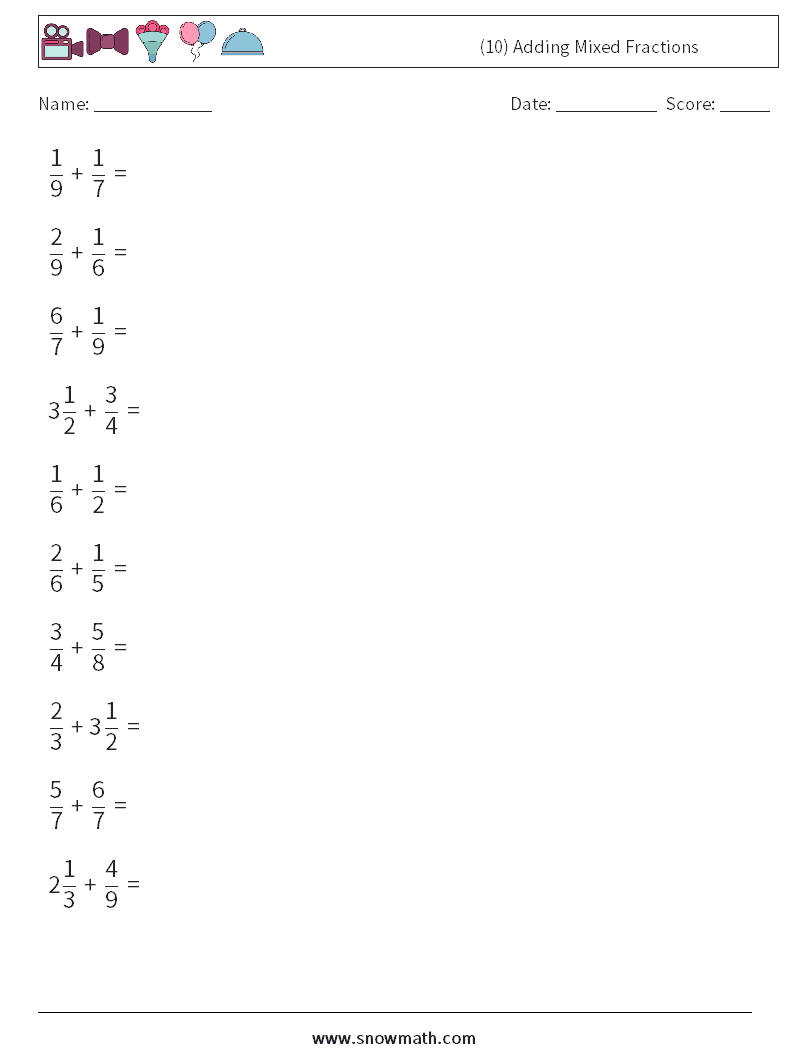 (10) Adding Mixed Fractions Maths Worksheets 8