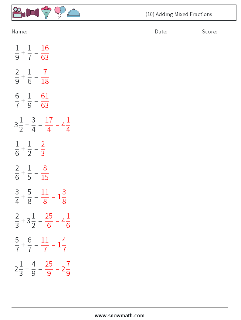 (10) Adding Mixed Fractions Math Worksheets 8 Question, Answer