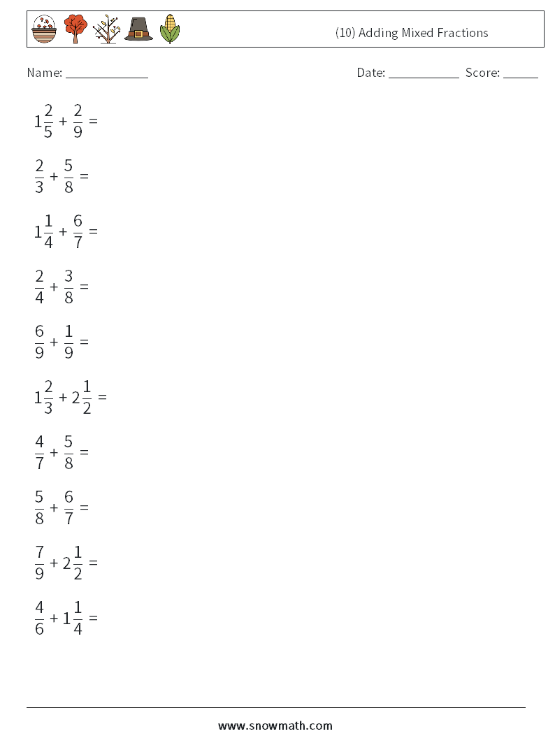 (10) Adding Mixed Fractions Math Worksheets 9