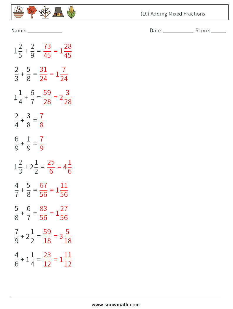 (10) Adding Mixed Fractions Math Worksheets 9 Question, Answer