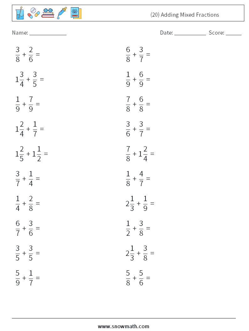 (20) Adding Mixed Fractions Math Worksheets 10