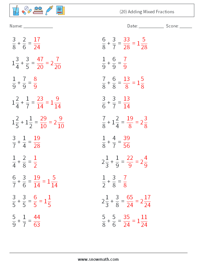 (20) Adding Mixed Fractions Math Worksheets 10 Question, Answer