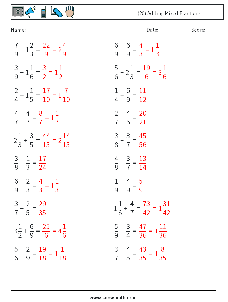 (20) Adding Mixed Fractions Math Worksheets 11 Question, Answer