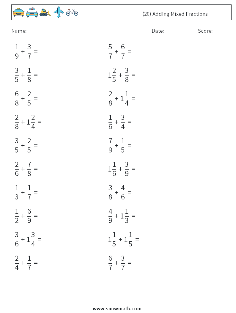 (20) Adding Mixed Fractions Math Worksheets 12